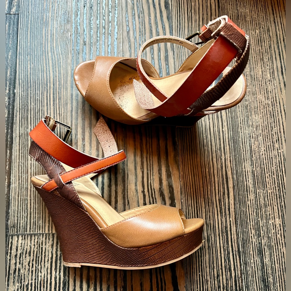 Brown leather strappy wedge heels